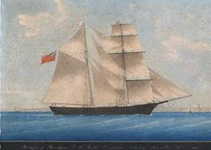 An 1861 painting of Amazon (later renamed Mary Celeste) by an unknown artist (perhaps Honore Pellegrin)